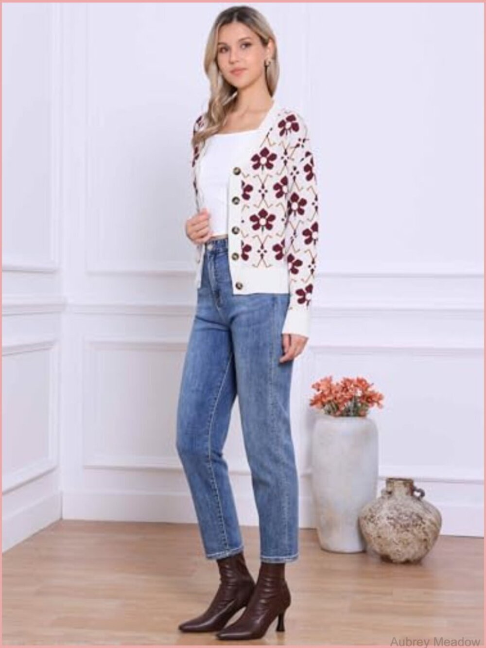 Floral Cardigan Sweater Open Front V Neck Long Sleeve Knit - Picture 4 of 5